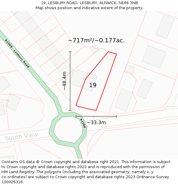 19, LESBURY ROAD, LESBURY, ALNWICK, NE66 3NB: Plot and title map