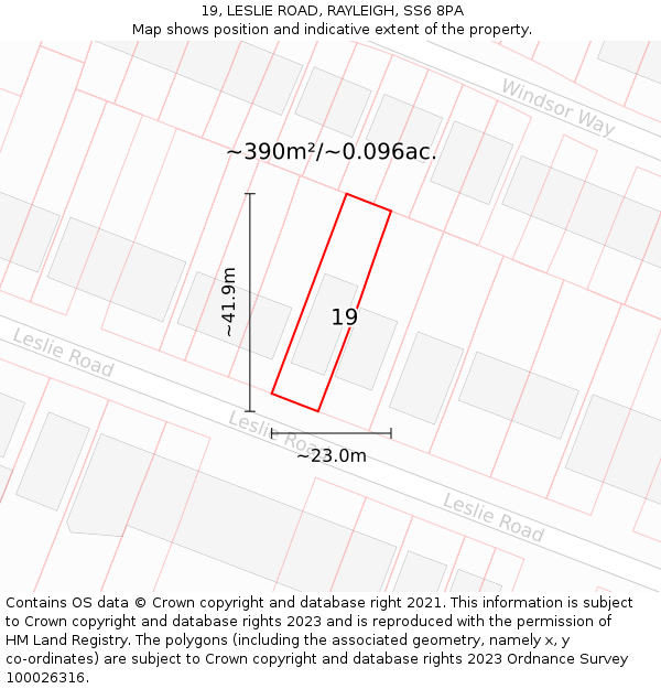 19, LESLIE ROAD, RAYLEIGH, SS6 8PA: Plot and title map