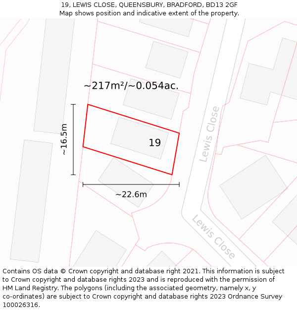 19, LEWIS CLOSE, QUEENSBURY, BRADFORD, BD13 2GF: Plot and title map