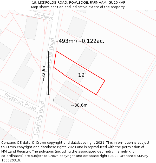 19, LICKFOLDS ROAD, ROWLEDGE, FARNHAM, GU10 4AF: Plot and title map