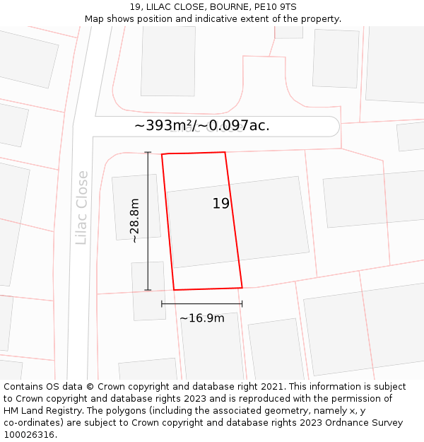 19, LILAC CLOSE, BOURNE, PE10 9TS: Plot and title map
