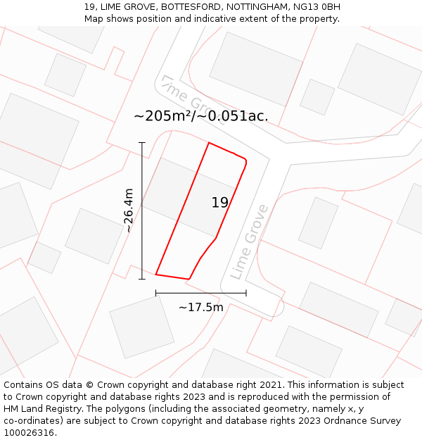 19, LIME GROVE, BOTTESFORD, NOTTINGHAM, NG13 0BH: Plot and title map