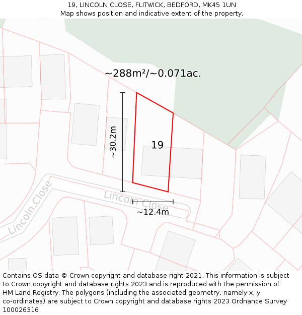 19, LINCOLN CLOSE, FLITWICK, BEDFORD, MK45 1UN: Plot and title map