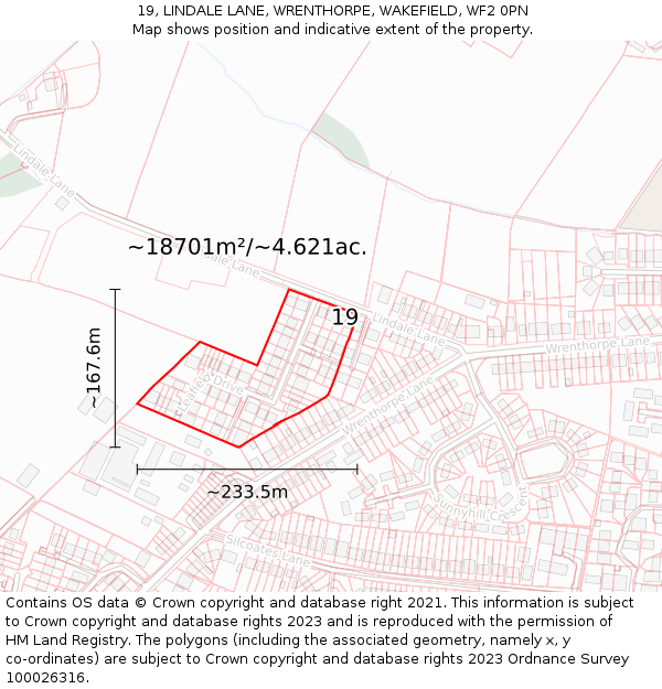 19, LINDALE LANE, WRENTHORPE, WAKEFIELD, WF2 0PN: Plot and title map