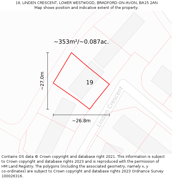 19, LINDEN CRESCENT, LOWER WESTWOOD, BRADFORD-ON-AVON, BA15 2AN: Plot and title map