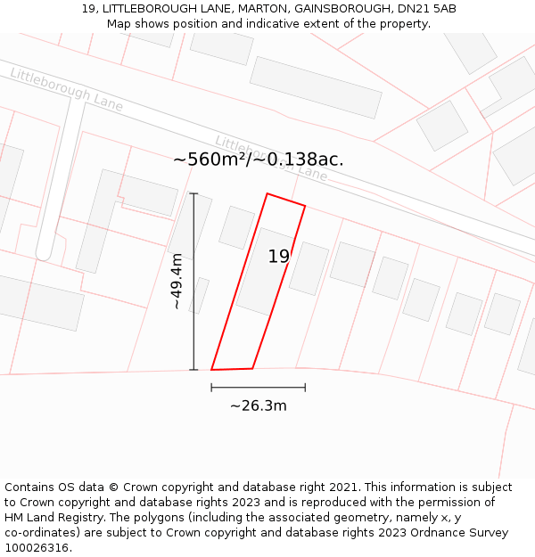 19, LITTLEBOROUGH LANE, MARTON, GAINSBOROUGH, DN21 5AB: Plot and title map