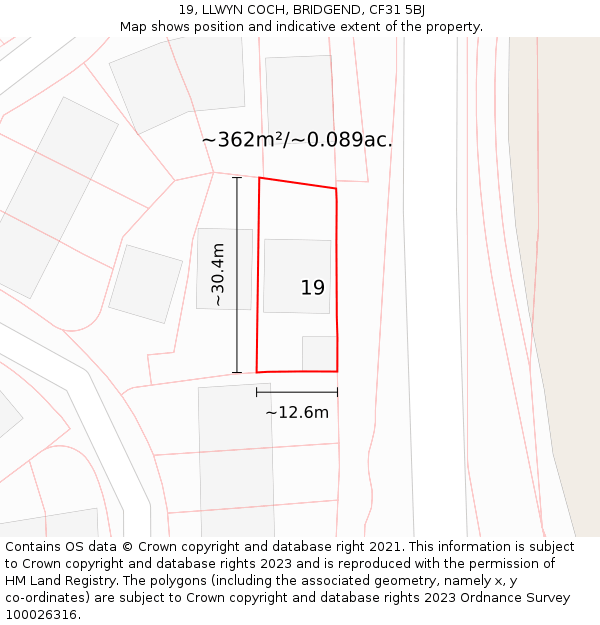 19, LLWYN COCH, BRIDGEND, CF31 5BJ: Plot and title map
