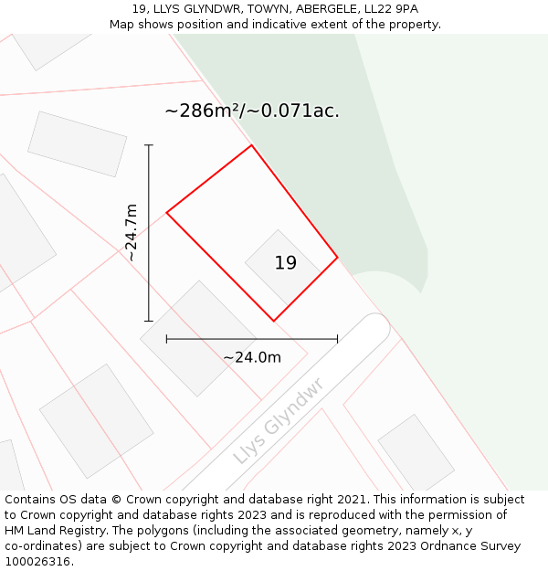 19, LLYS GLYNDWR, TOWYN, ABERGELE, LL22 9PA: Plot and title map