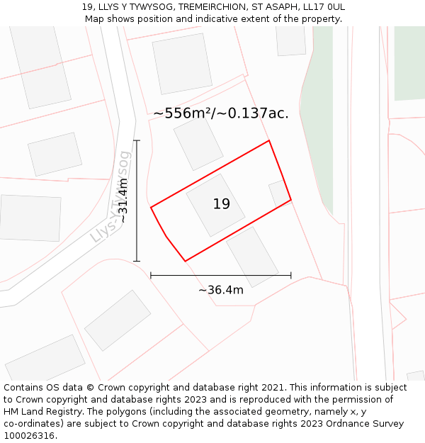 19, LLYS Y TYWYSOG, TREMEIRCHION, ST ASAPH, LL17 0UL: Plot and title map