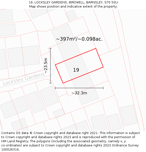 19, LOCKSLEY GARDENS, BIRDWELL, BARNSLEY, S70 5SU: Plot and title map