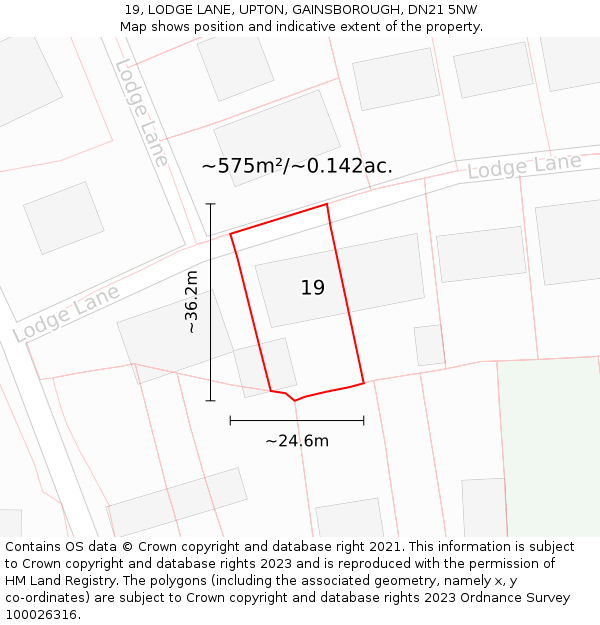 19, LODGE LANE, UPTON, GAINSBOROUGH, DN21 5NW: Plot and title map