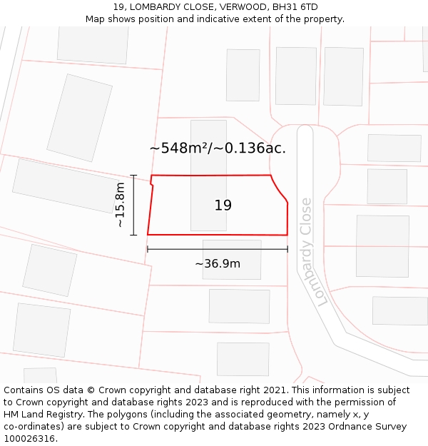 19, LOMBARDY CLOSE, VERWOOD, BH31 6TD: Plot and title map