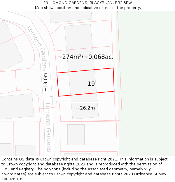 19, LOMOND GARDENS, BLACKBURN, BB2 5BW: Plot and title map