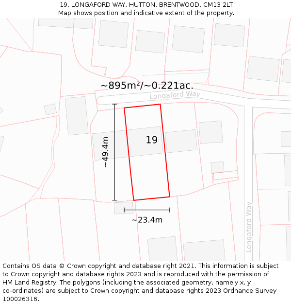 19, LONGAFORD WAY, HUTTON, BRENTWOOD, CM13 2LT: Plot and title map