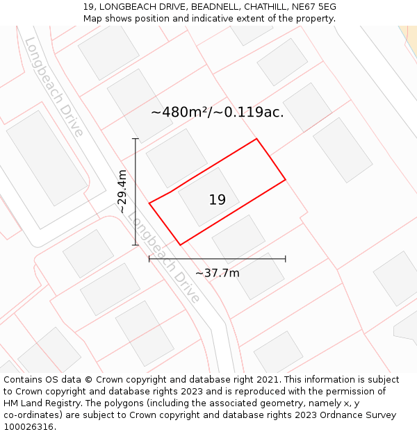 19, LONGBEACH DRIVE, BEADNELL, CHATHILL, NE67 5EG: Plot and title map