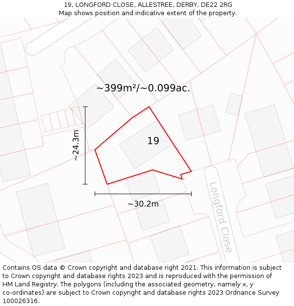 19, LONGFORD CLOSE, ALLESTREE, DERBY, DE22 2RG: Plot and title map