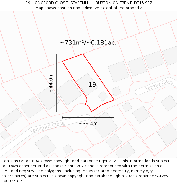 19, LONGFORD CLOSE, STAPENHILL, BURTON-ON-TRENT, DE15 9FZ: Plot and title map