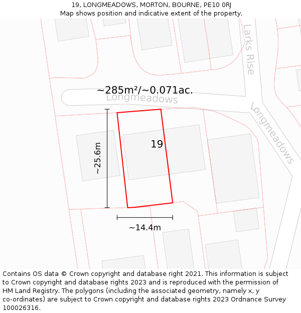 19, LONGMEADOWS, MORTON, BOURNE, PE10 0RJ: Plot and title map
