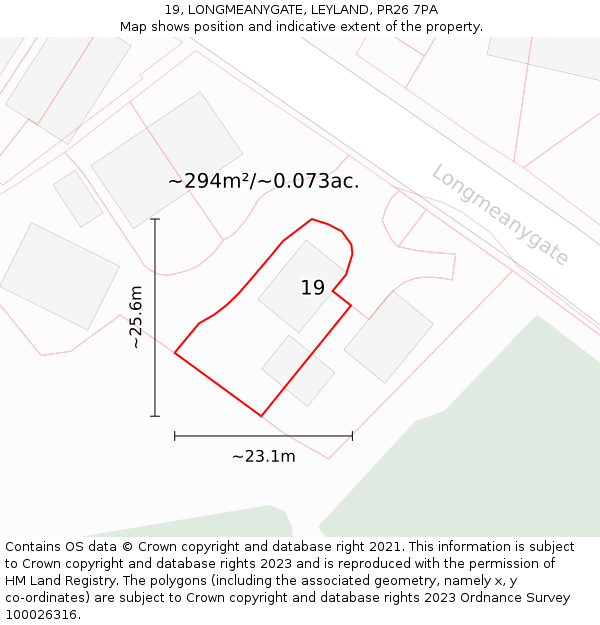 19, LONGMEANYGATE, LEYLAND, PR26 7PA: Plot and title map