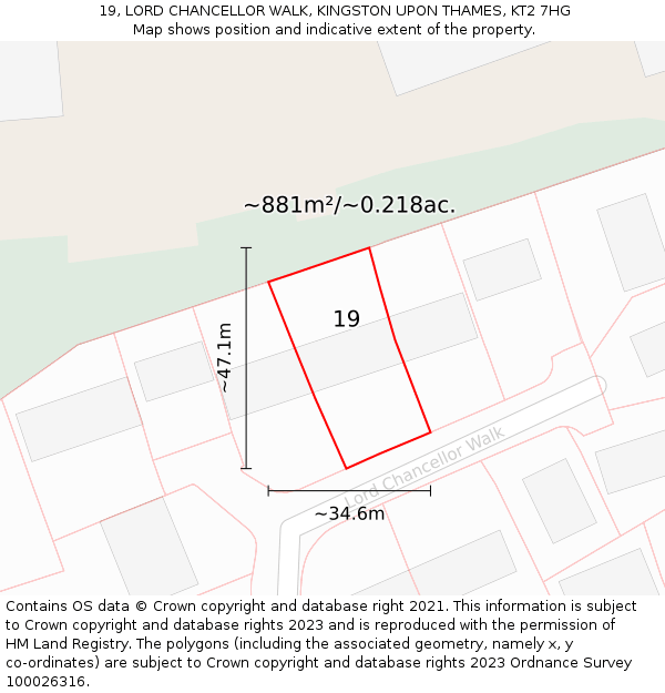 19, LORD CHANCELLOR WALK, KINGSTON UPON THAMES, KT2 7HG: Plot and title map