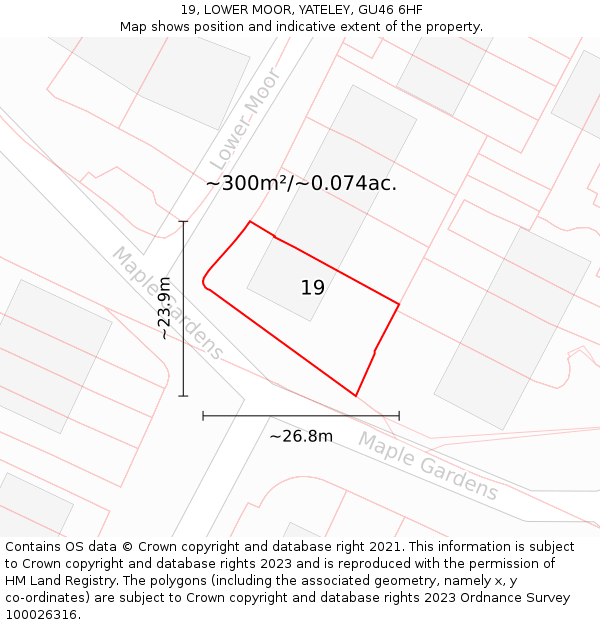 19, LOWER MOOR, YATELEY, GU46 6HF: Plot and title map