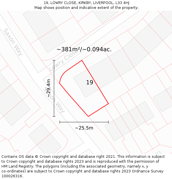 19, LOWRY CLOSE, KIRKBY, LIVERPOOL, L33 4HJ: Plot and title map