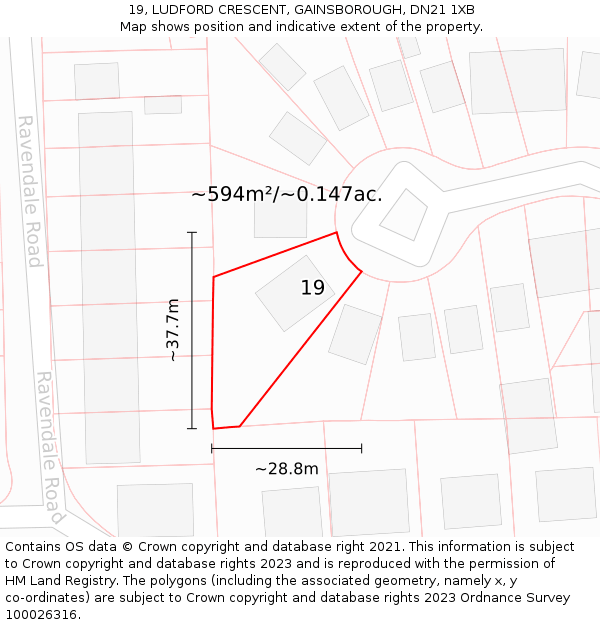 19, LUDFORD CRESCENT, GAINSBOROUGH, DN21 1XB: Plot and title map