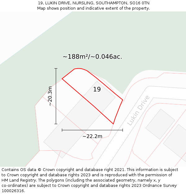 19, LUKIN DRIVE, NURSLING, SOUTHAMPTON, SO16 0TN: Plot and title map