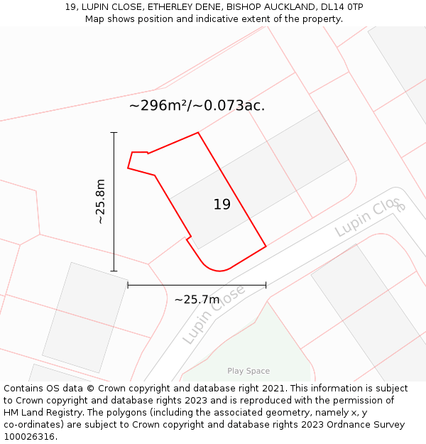 19, LUPIN CLOSE, ETHERLEY DENE, BISHOP AUCKLAND, DL14 0TP: Plot and title map