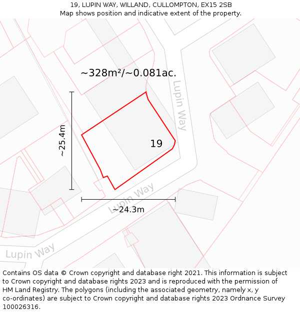 19, LUPIN WAY, WILLAND, CULLOMPTON, EX15 2SB: Plot and title map