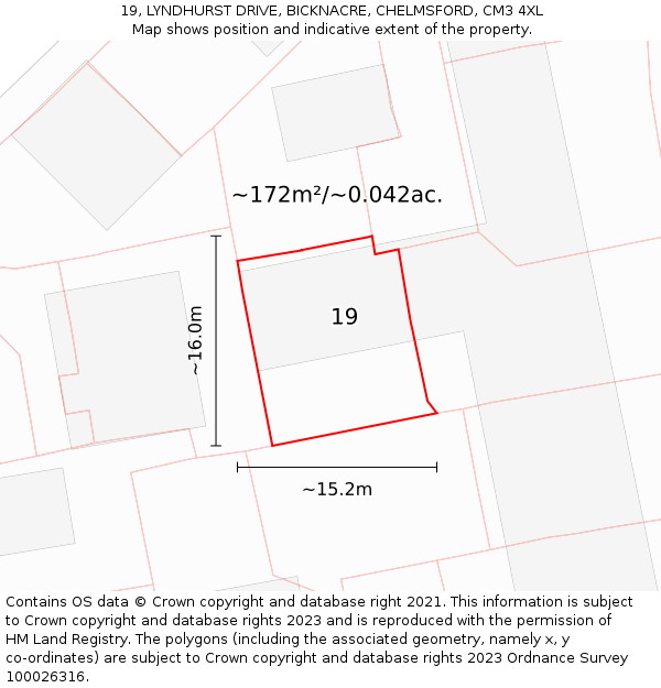19, LYNDHURST DRIVE, BICKNACRE, CHELMSFORD, CM3 4XL: Plot and title map
