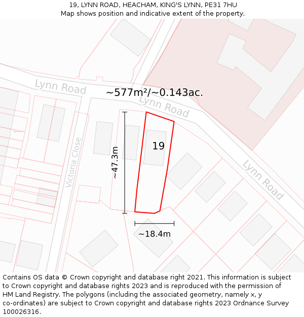 19, LYNN ROAD, HEACHAM, KING'S LYNN, PE31 7HU: Plot and title map