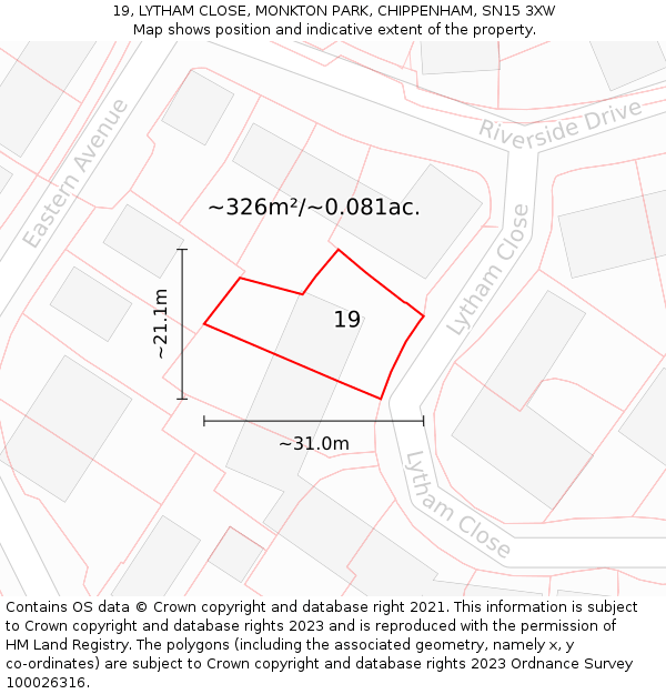 19, LYTHAM CLOSE, MONKTON PARK, CHIPPENHAM, SN15 3XW: Plot and title map