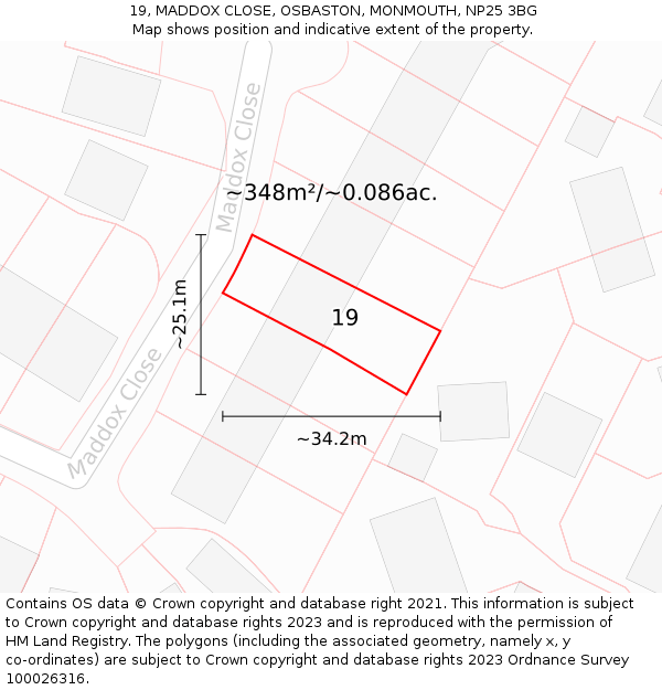 19, MADDOX CLOSE, OSBASTON, MONMOUTH, NP25 3BG: Plot and title map