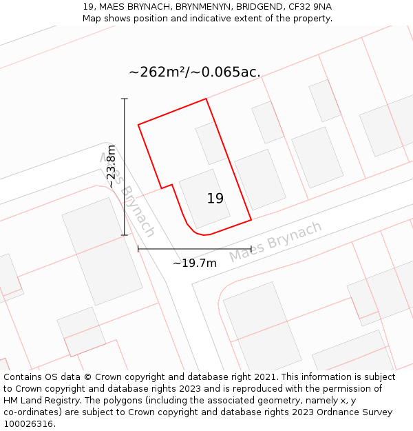 19, MAES BRYNACH, BRYNMENYN, BRIDGEND, CF32 9NA: Plot and title map
