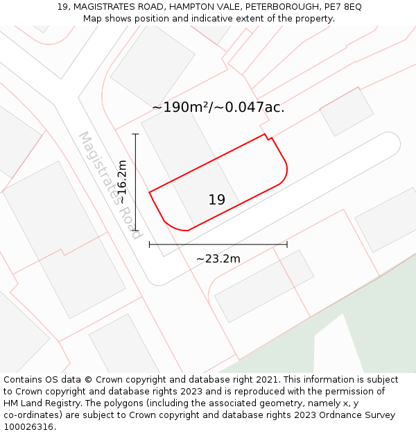 19, MAGISTRATES ROAD, HAMPTON VALE, PETERBOROUGH, PE7 8EQ: Plot and title map