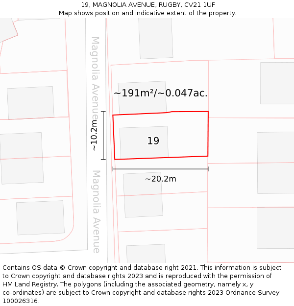 19, MAGNOLIA AVENUE, RUGBY, CV21 1UF: Plot and title map