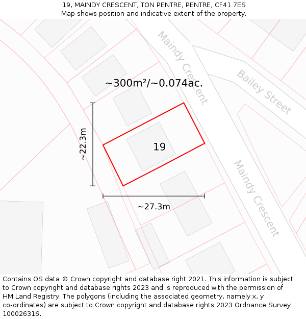 19, MAINDY CRESCENT, TON PENTRE, PENTRE, CF41 7ES: Plot and title map