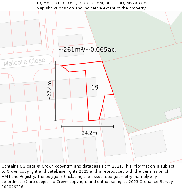 19, MALCOTE CLOSE, BIDDENHAM, BEDFORD, MK40 4QA: Plot and title map