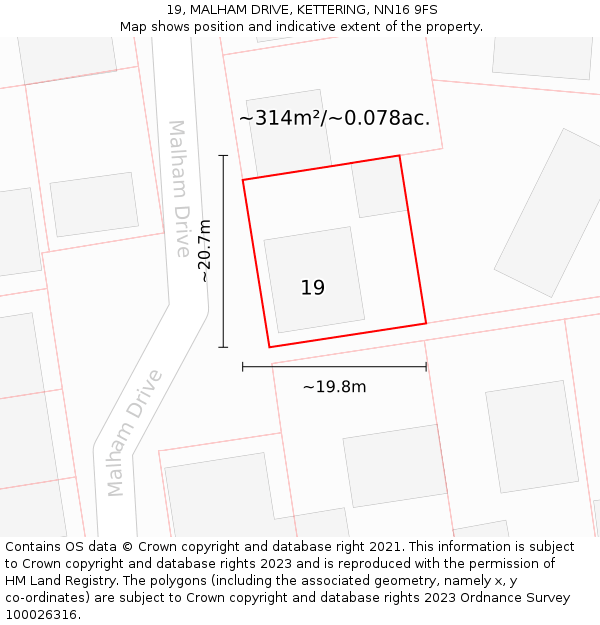 19, MALHAM DRIVE, KETTERING, NN16 9FS: Plot and title map
