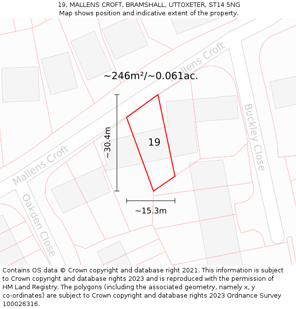 19, MALLENS CROFT, BRAMSHALL, UTTOXETER, ST14 5NG: Plot and title map