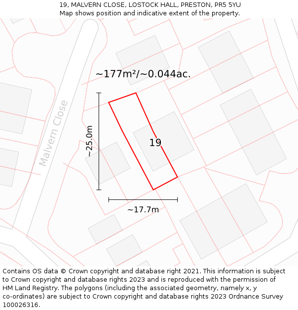 19, MALVERN CLOSE, LOSTOCK HALL, PRESTON, PR5 5YU: Plot and title map