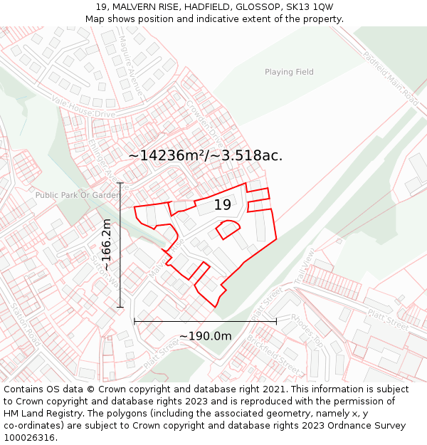 19, MALVERN RISE, HADFIELD, GLOSSOP, SK13 1QW: Plot and title map