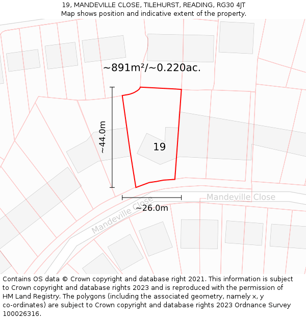 19, MANDEVILLE CLOSE, TILEHURST, READING, RG30 4JT: Plot and title map