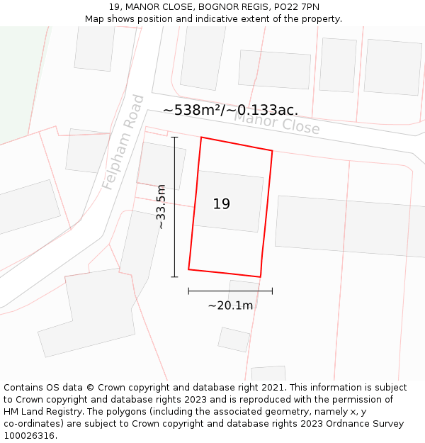 19, MANOR CLOSE, BOGNOR REGIS, PO22 7PN: Plot and title map