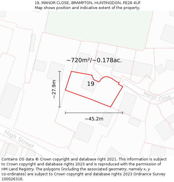 19, MANOR CLOSE, BRAMPTON, HUNTINGDON, PE28 4UF: Plot and title map