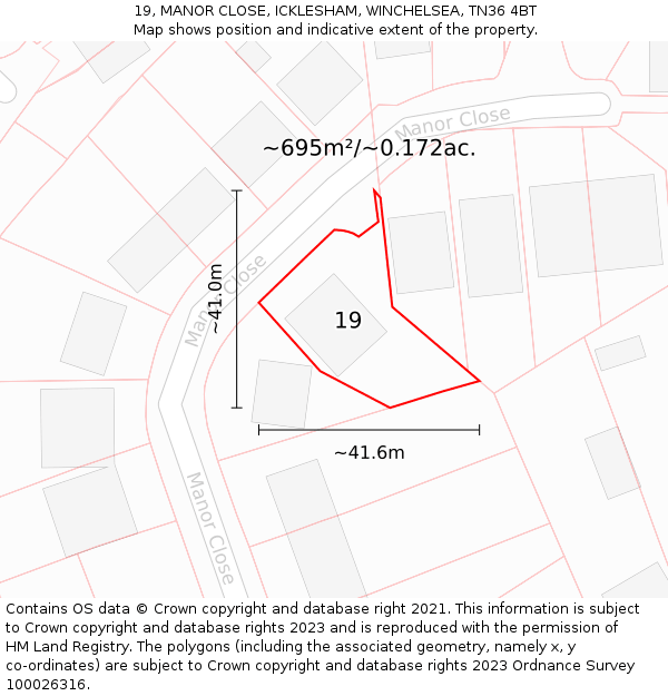 19, MANOR CLOSE, ICKLESHAM, WINCHELSEA, TN36 4BT: Plot and title map