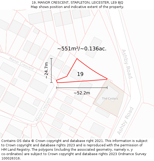19, MANOR CRESCENT, STAPLETON, LEICESTER, LE9 8JQ: Plot and title map