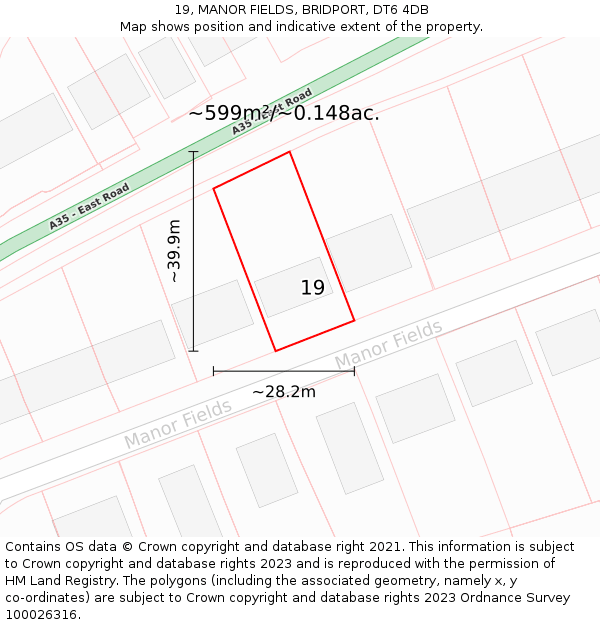 19, MANOR FIELDS, BRIDPORT, DT6 4DB: Plot and title map