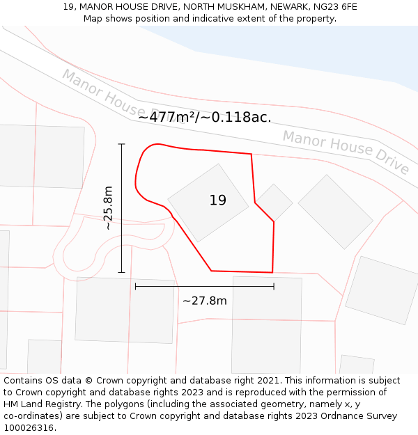 19, MANOR HOUSE DRIVE, NORTH MUSKHAM, NEWARK, NG23 6FE: Plot and title map